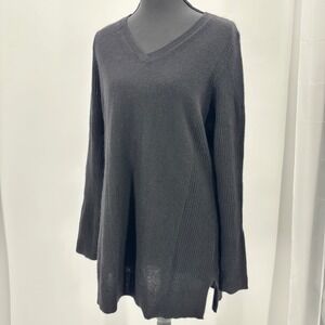 ISAAC MIZRAHI LIVE Black V Neck Long Sleeve Ribbed Knit Cashmere Sweater XS